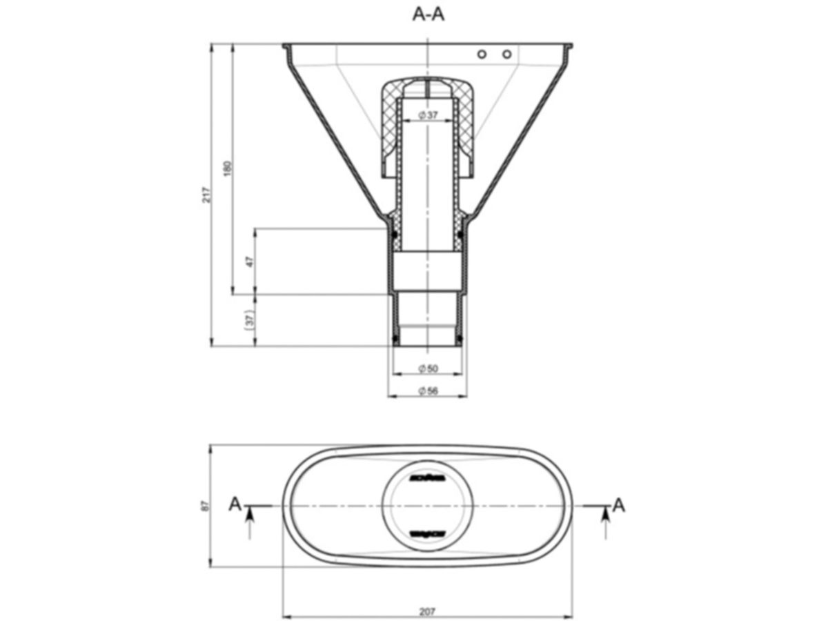 Einlauftrichter PE oval siphoniert 56 mm - Trichterhöhe 133mm / Gesamthöhe 217mm