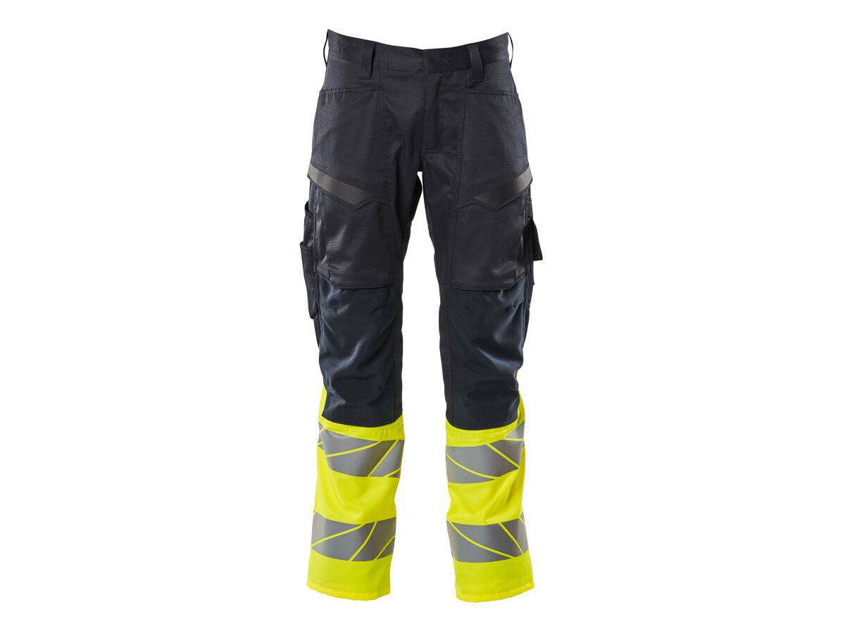 Hose mit Knietaschen, Stretch, Gr. 82C58 - schwarzblau/hi-vis gelb, 70%PES/30%CO