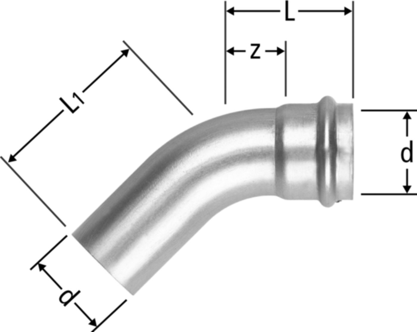 Optipress-Inox-Bogen 45° - mit Einsteckende