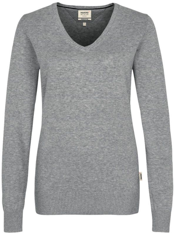 Women-V-Pullover Premium mit Kontrast- - streifen am Halsausschn. 100 % Baumwolle
