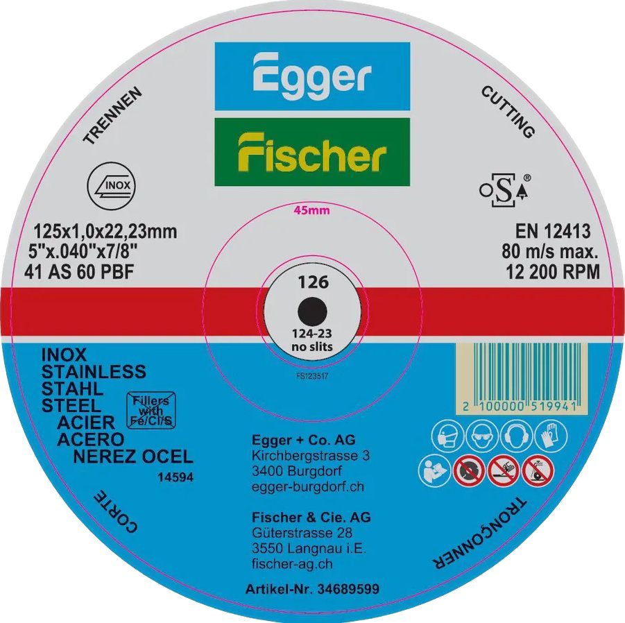 Trennscheiben Inox EHT 125-1.0 A60 - Stahl/Inox flach mit Egger&Fischer Logo