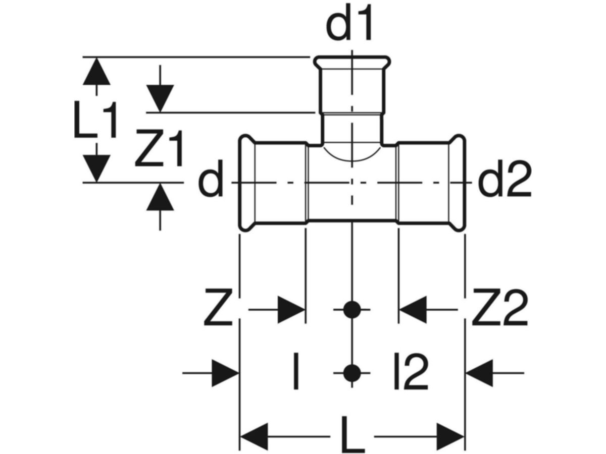 Mapress Therm T-Stück reduziert - d=88.9mm, d1=54mm, d2=88.9mm