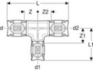 Geberit T-Stücke reduziert - FlowFit d2 Ø 25 / d1 Ø 20 / d Ø 32 mm