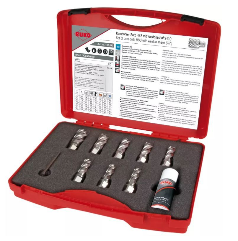 Kernbohrer-Satz HSS-Co, RUKO, ø 12-26 mm - mit Weldon Aufnahme 3/4" Schnittt. 30 mm