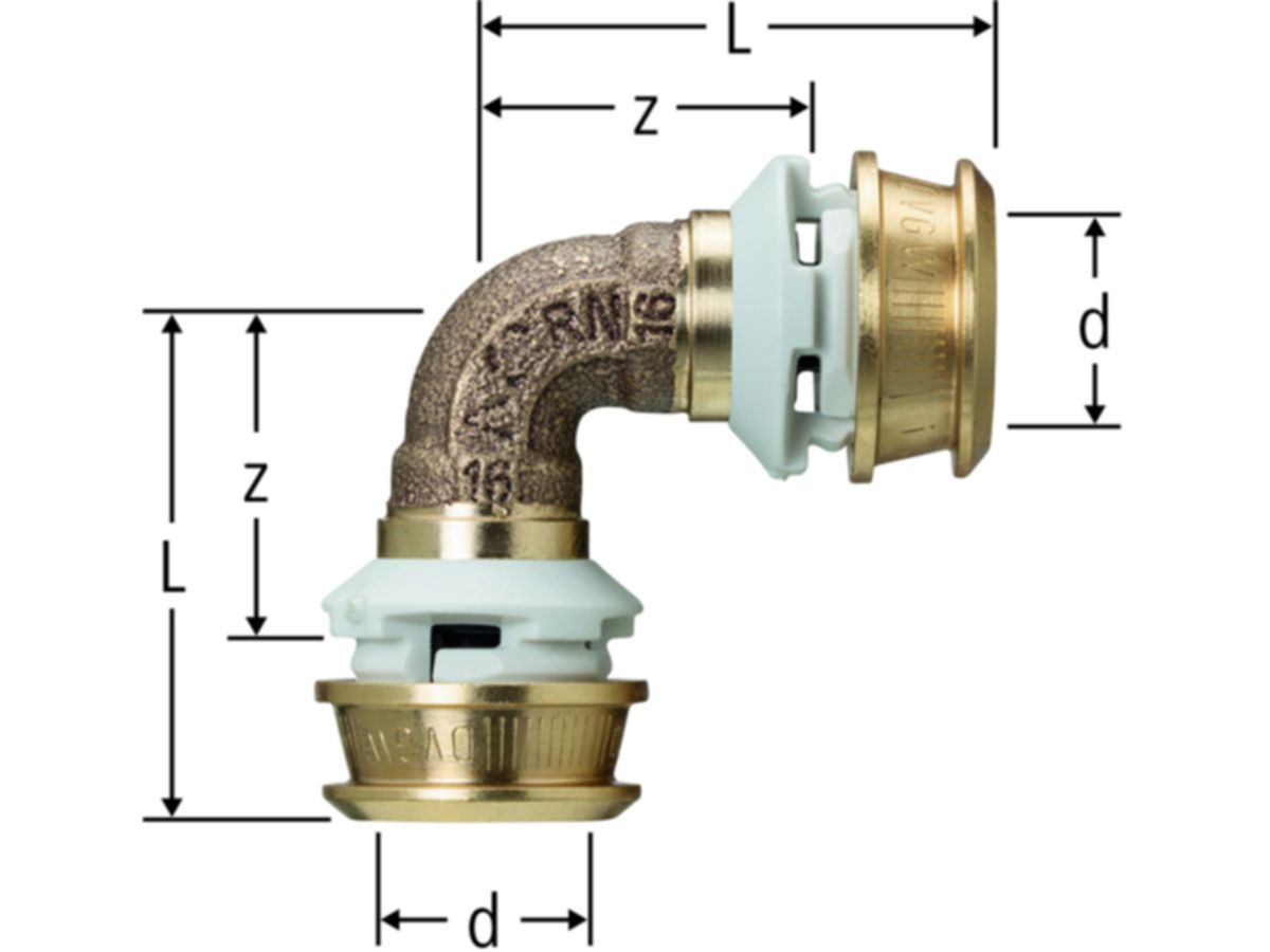 Bogen 90° NUSSBAUM Optiflex-Flowpress - PN 10, für 1-LU-Rohre, Rotguss, Kunstst.