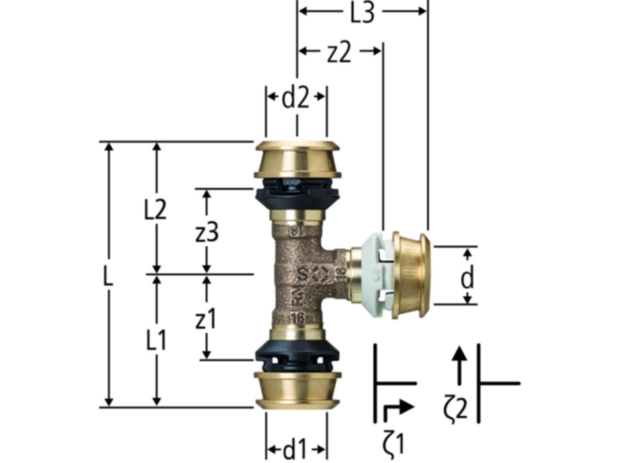 T-Stück NUSSBAUM Optiflex-Flowpress - PN 10, für 1-LU-Rohre, Rotguss, Kunstst.