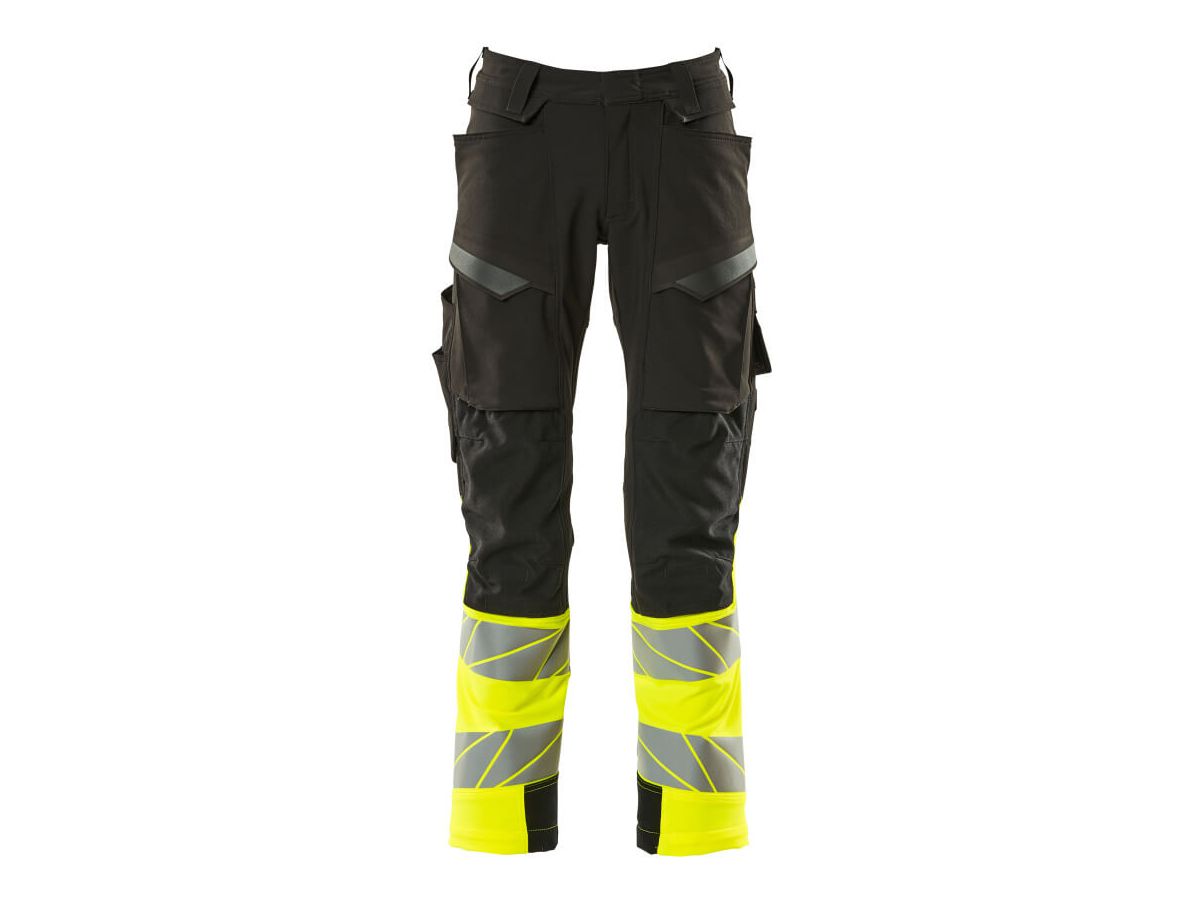 Hose mit Knietaschen, Stretch, Gr. 90C51 - schwarz/hi-vis gelb, 88%PES/12%EL