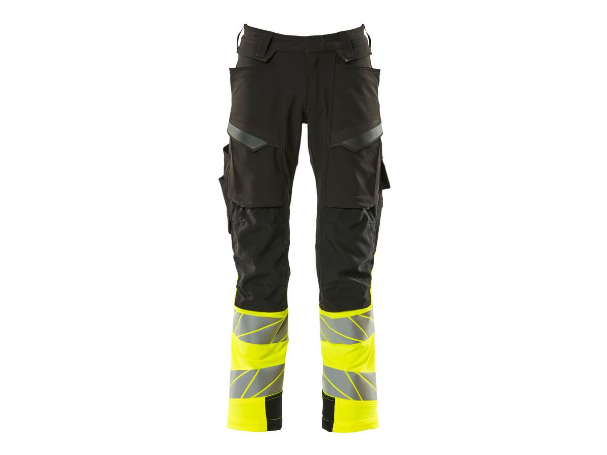 Hose mit Knietaschen, Stretch, Gr. 82C52 - schwarz/hi-vis gelb, 88%PES/12%EL