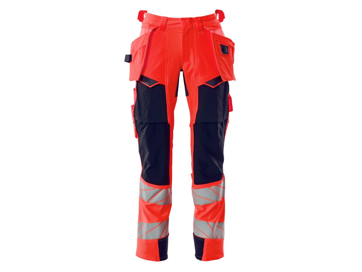 Hose mit Hängetaschen Stretch, Gr. 82C66 - hi-vis rot/schwarzblau, 92% PES/8%EL