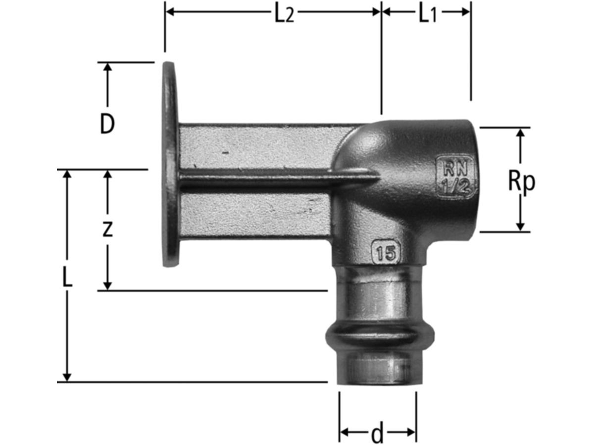 Optipress-Inox-Anschlusswinkel - mit abgesetztem Wandflansch
