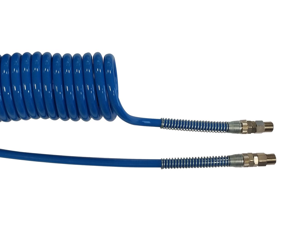 PU Spiralschlauch mit drehbarer - Verschraubung & Knickschutz Blau