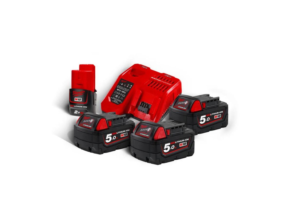 M18 Vario-Set Milwaukee 5 x 18V / 5.0Ah. - 1x12V / 2.0 Ah. 1x Ladegerät M12-18 FC