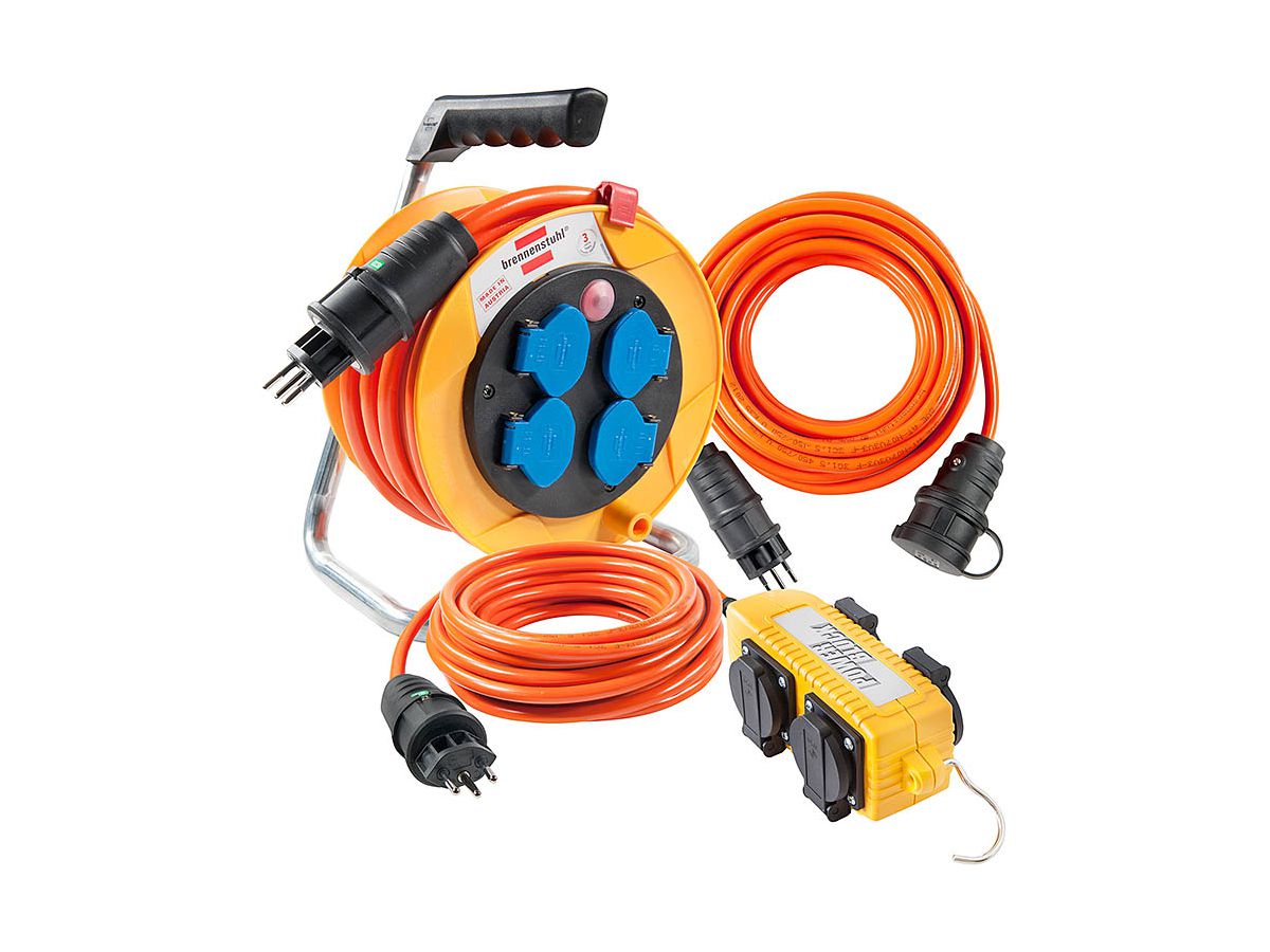 Kabelrolle Set Power Pack IP44 10 m - 4-fach Vert. 10m + Verlängerungsk. 10m