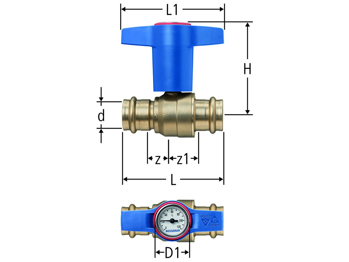 Optipress-Kugelhahn 54 mm - mit Thermometer, 0 bis 120°C