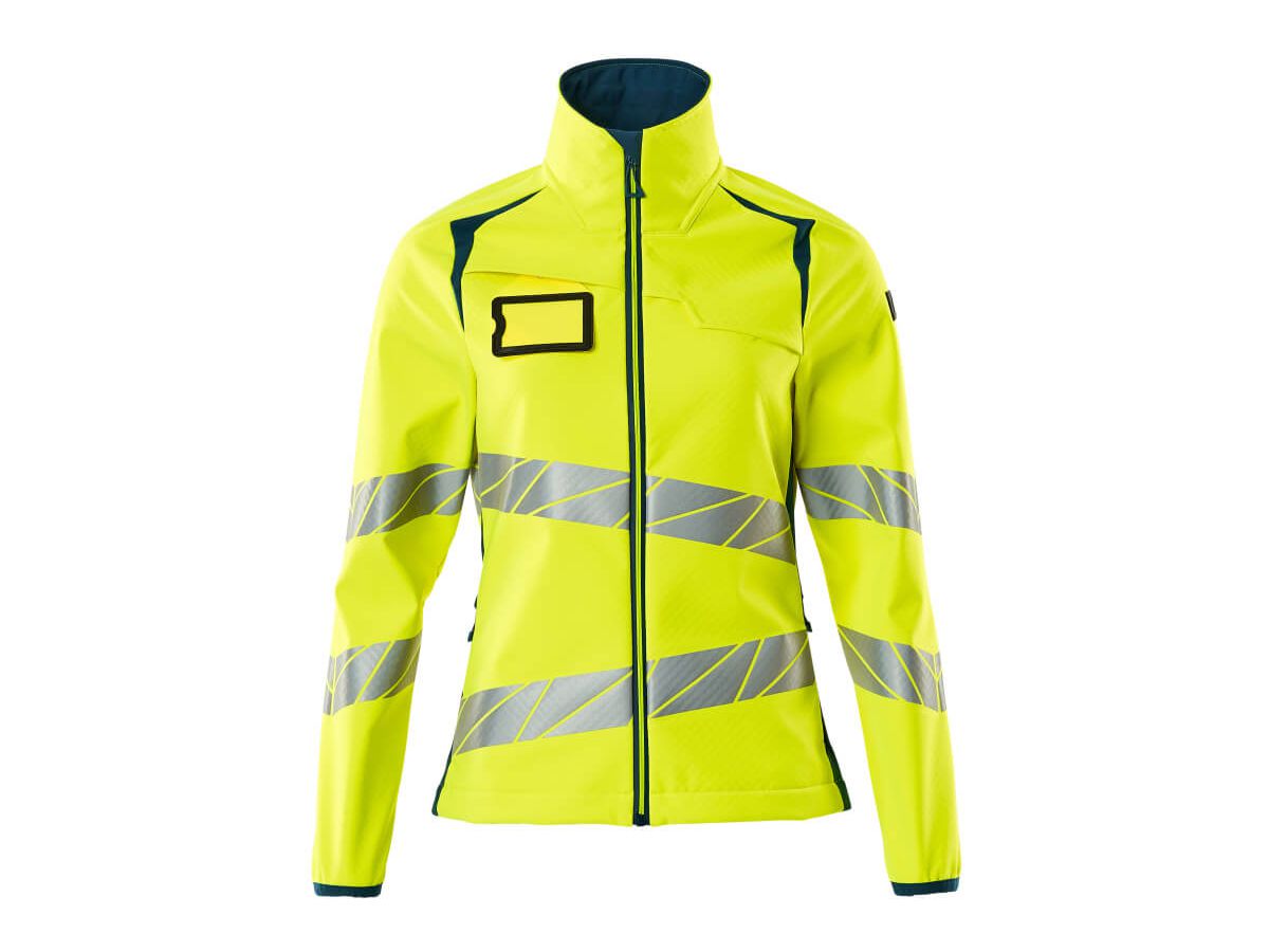 Soft Shell Jacke, Damenpassform, Gr. XL - hi-vis gelb/dunkelpetroleum, 100% PES