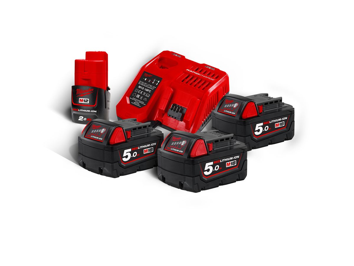 M18 Vario-Set Milwaukee 3 x 18V / 5.0Ah. - 1x12V / 2.0 Ah. 1x Ladegerät M12-18 FC