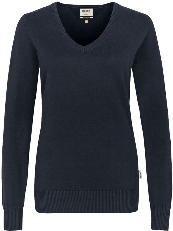 Women-V-Pullover Premium mit Kontrast- - streifen am Halsausschn. 100 % Baumwolle