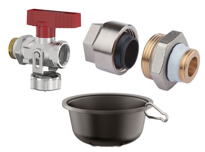 Flamco SET: Behälter, KFE-Entleerhähne - Schwarzrohradapter