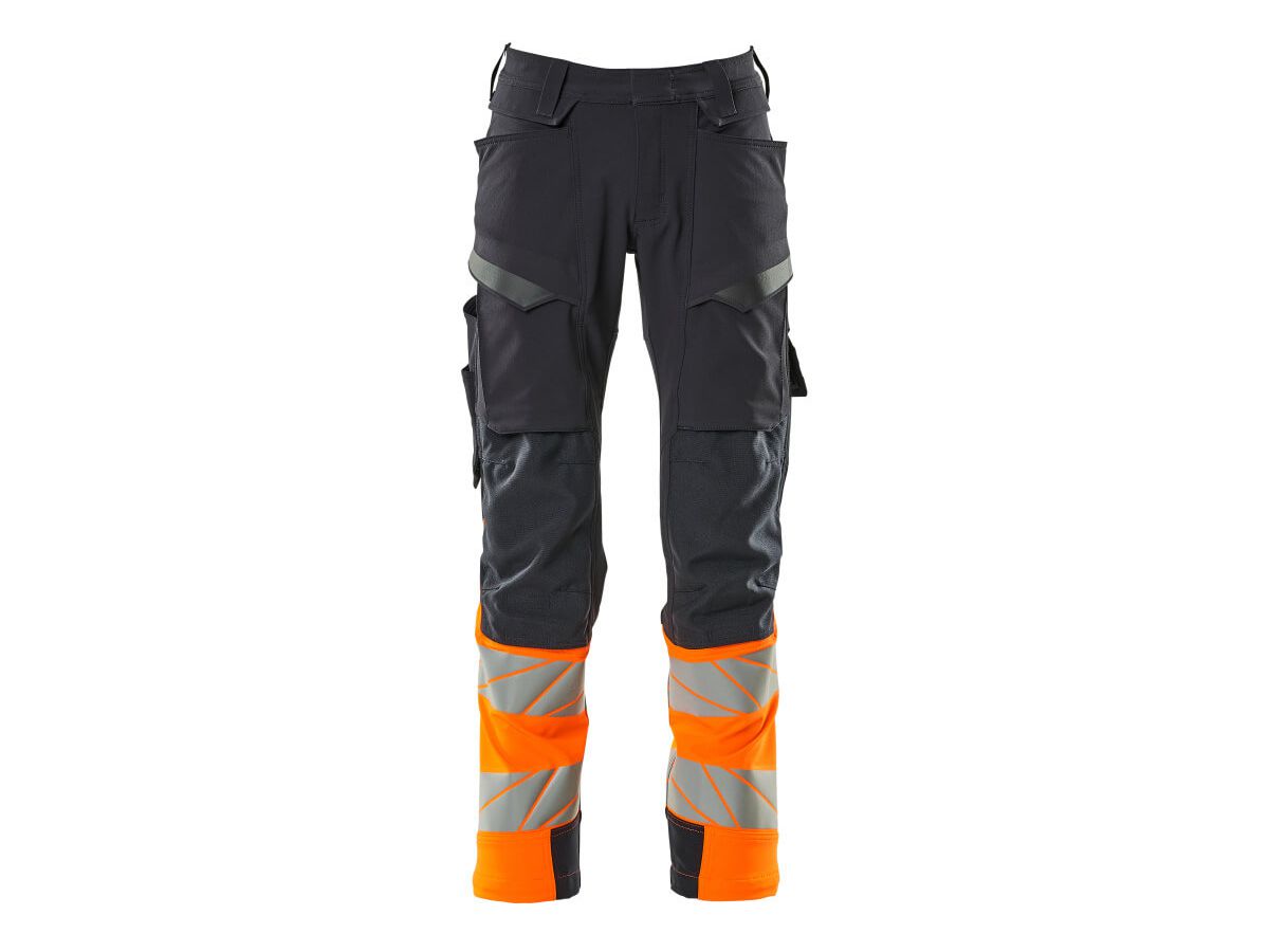 Hose mit Knietaschen, Stretch, Gr. 90C56 - schwarzblau/hi-vis orange, 88%PES/12%EL