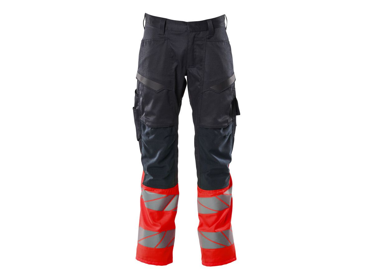 Hose mit Knietaschen, Stretch, Gr. 82C68 - schwarzblau/hi-vis rot, 70%PES/30%CO