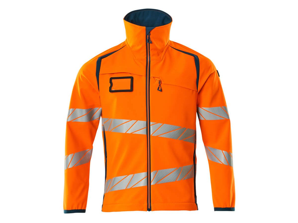 Soft Shell Jacke, Gr. M - hi-vis orange/dunkelpetroleum, 100% PES