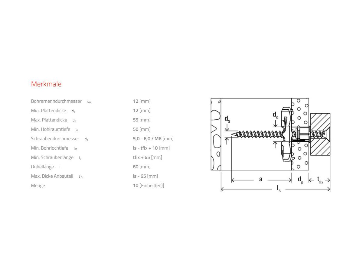 Nylon-Kippdübel DUOTEC 12 Schr:5.0-6.0mm - "fischer"  Pak. à 10 Stk."