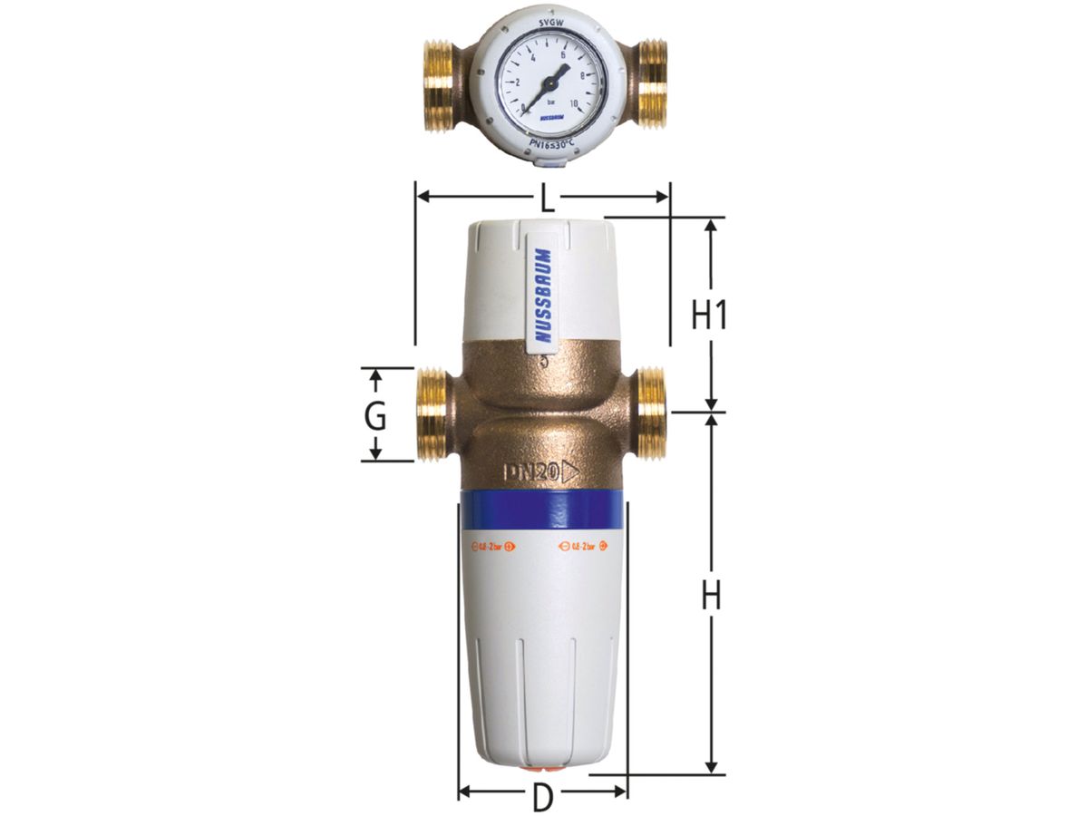Druckreduzierventil NUSSBAUM 0.8-2 bar - inklusive Manometer, ohne Verschraubung
