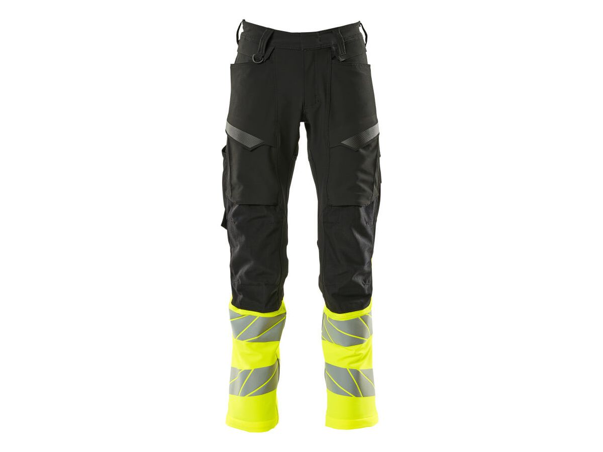 Hose mit Knietaschen, Stretch, Gr. 90C46 - schwarz/hi-vis gelb, 92% PES / 8% EL