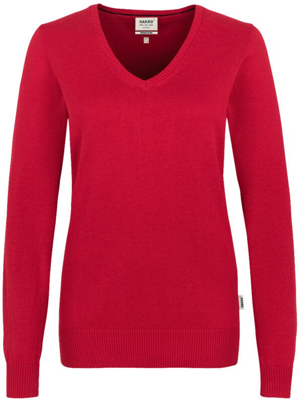 Women-V-Pullover Premium mit Kontrast- - streifen am Halsausschn. 100 % Baumwolle