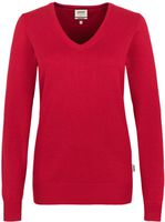 Women-V-Pullover Premium mit Kontrast- - streifen am Halsausschn. 100 % Baumwolle