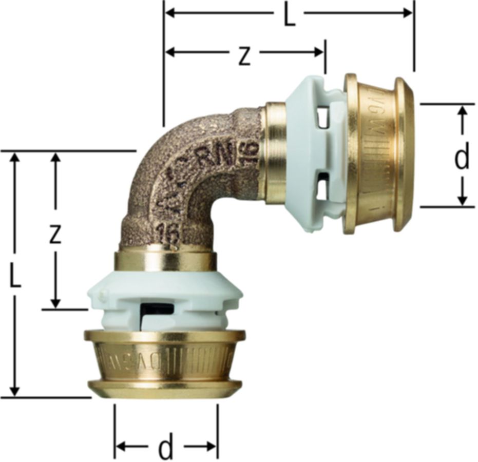 Bogen 90° NUSSBAUM Optiflex-Flowpress - PN 10, für 1-LU-Rohre, Rotguss, Kunstst.