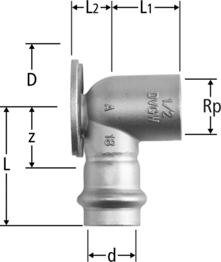 Optipress-Inox-Anschlusswinkel - mit Wandflansch