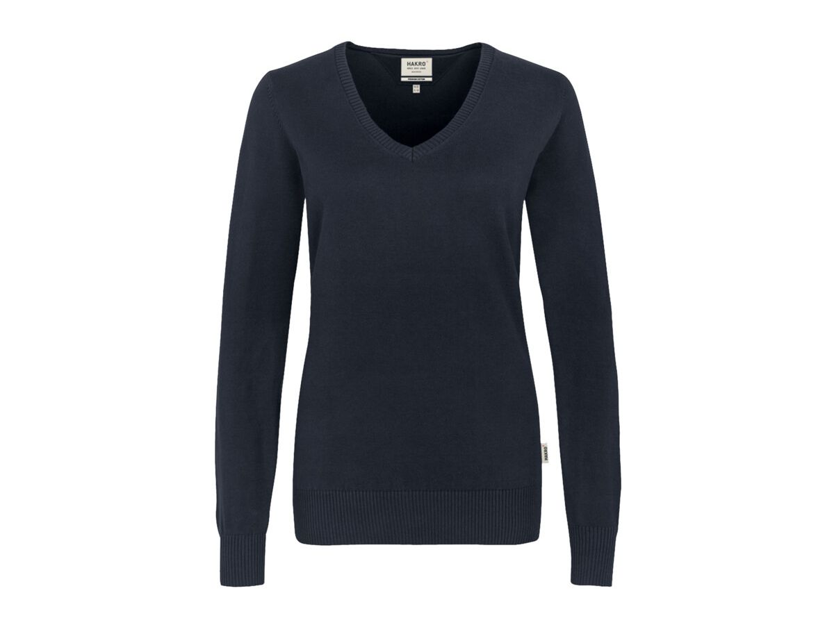 Women-V-Pullover Premium mit Kontrast- - streifen am Halsausschn. 100 % Baumwolle