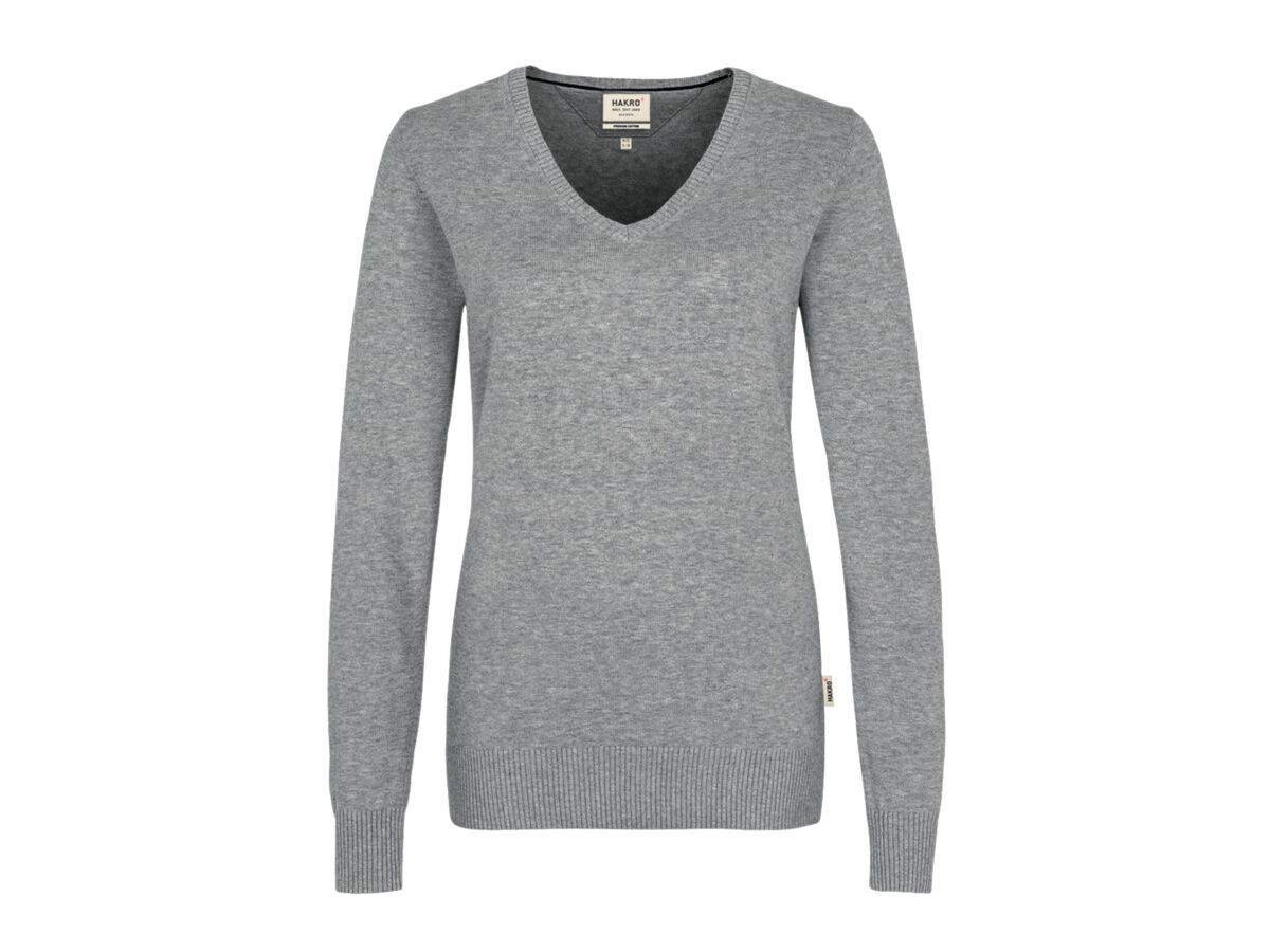 Women-V-Pullover Premium mit Kontrast- - streifen am Halsausschn. 100 % Baumwolle