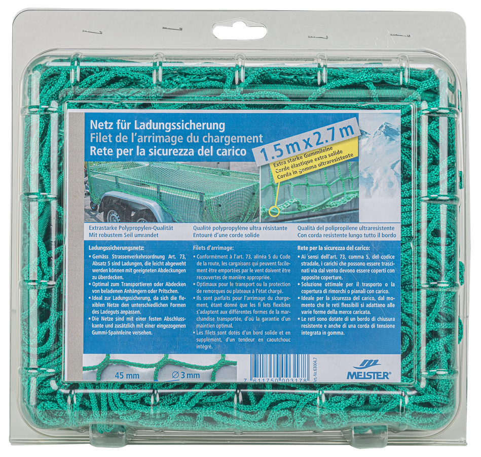 Anhängernetz mit elast. Seil - Maschenweite 45 mm, grün
