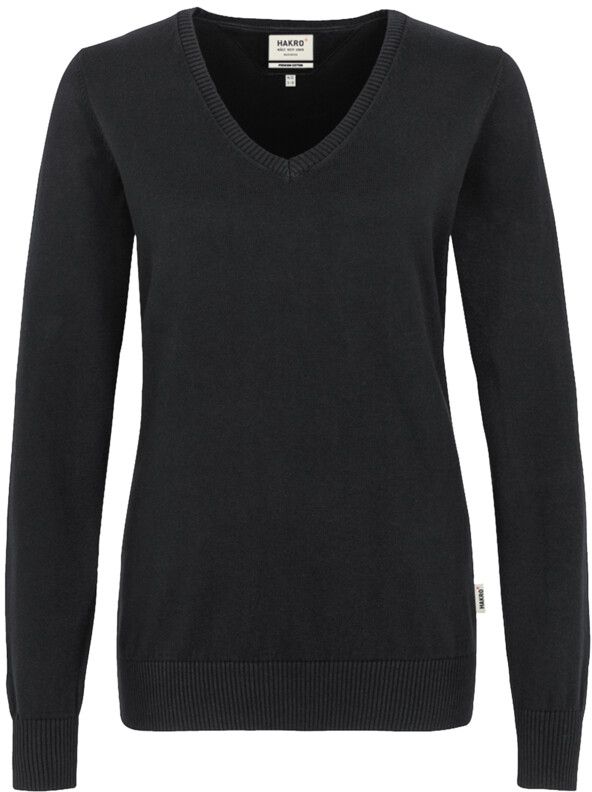 Women-V-Pullover Premium mit Kontrast- - streifen am Halsausschn. 100 % Baumwolle