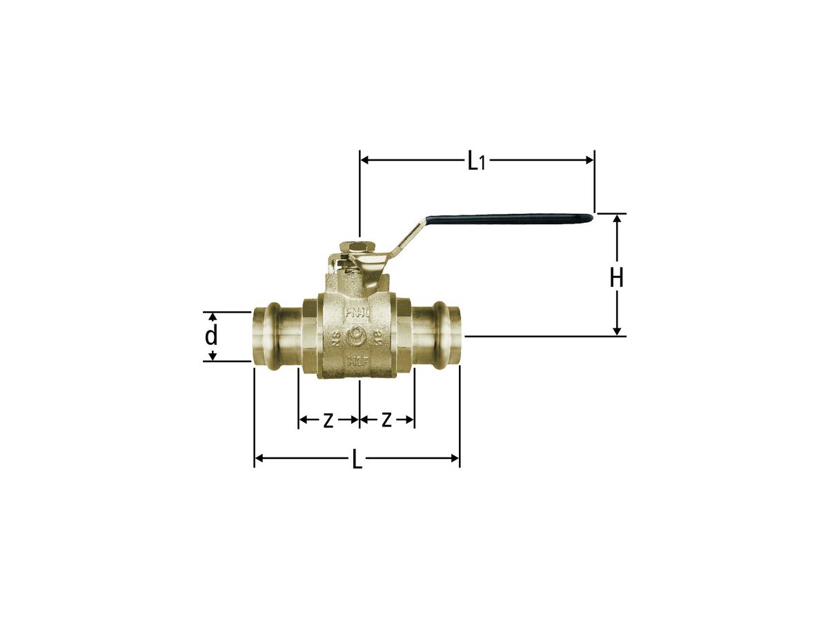 Optipress-Kugelhahn 42mm mit Metallgriff - für Wasser bis 90 °C und Druckluft