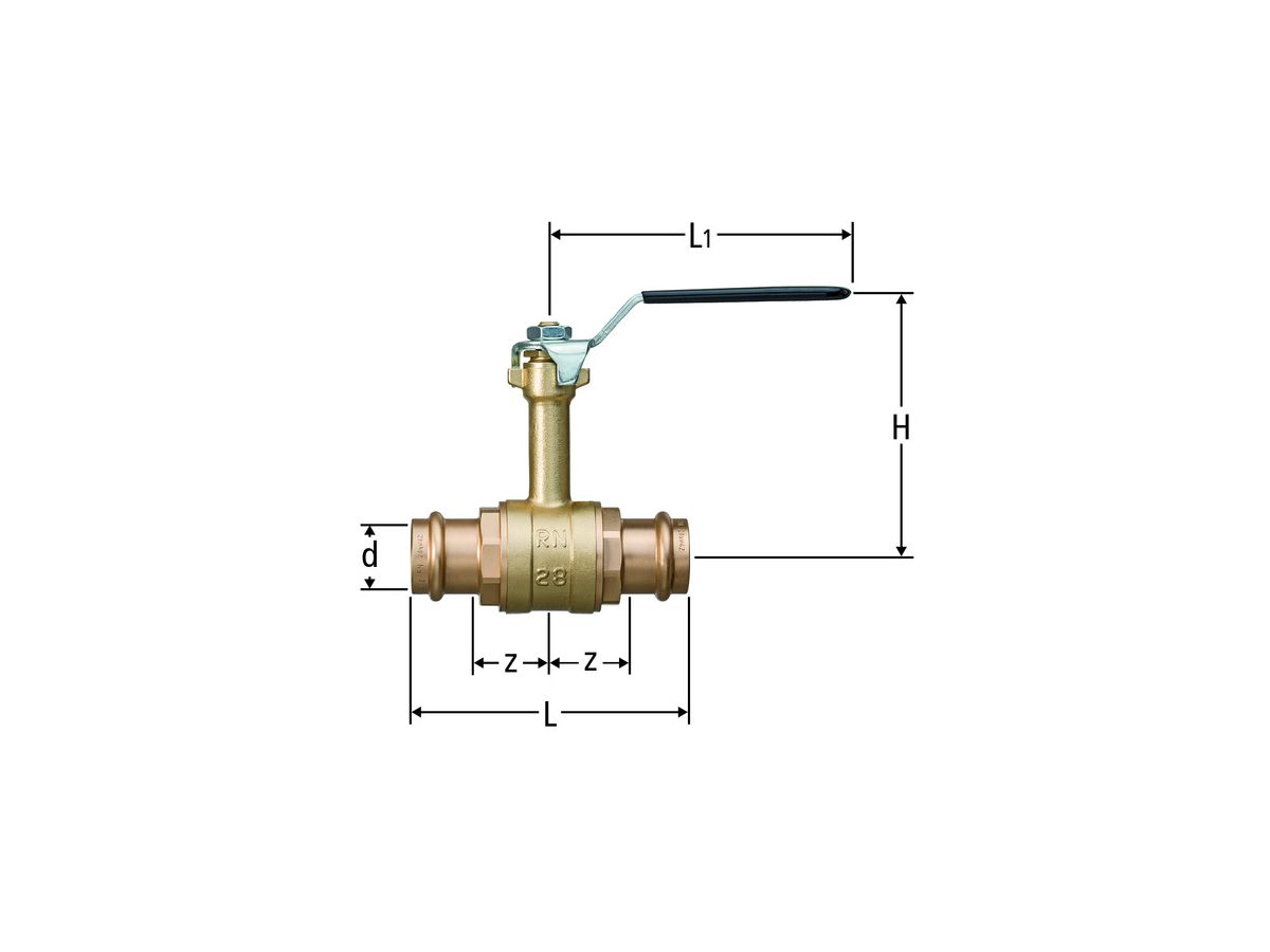 Optipress-Kugelhahn 28 mm - mit gegossener Spindelverlängerung