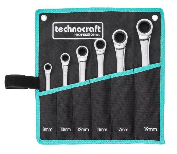 Ratschen-Gabelringschlüssel-Satz, 6-tlg. - 8/10/12/13/17/19 mm, "technocraft"