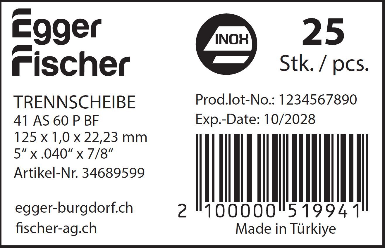 Trennscheiben Inox EHT 125-1.0 A60 - Stahl/Inox flach mit Egger&Fischer Logo
