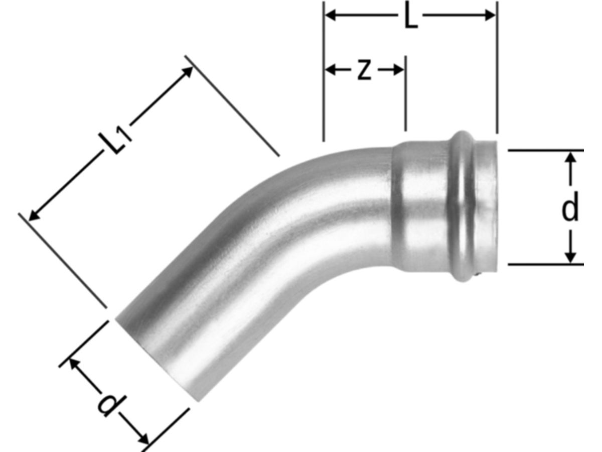 Optipress-Inox-Bogen 45° 76.1 mm - mit Einsteckende