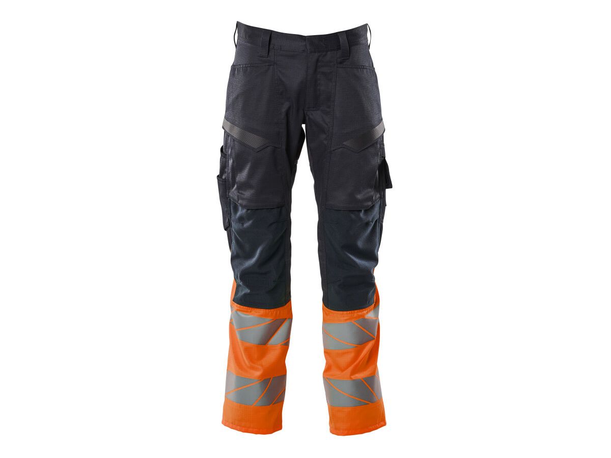 Hose mit Knietaschen, Stretch, Gr. 90C60 - schwarzblau/hi-vis orange, 70%PES/30%CO