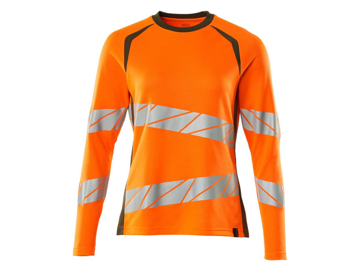 T-Shirt Langarm Damen, Gr. 5XLONE - hi-vis orange/moosgrün