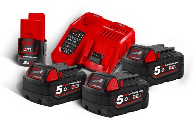 M18 Vario-Set Milwaukee 5 x 18V / 5.0Ah. - 1x12V / 2.0 Ah. 1x Ladegerät M12-18 FC